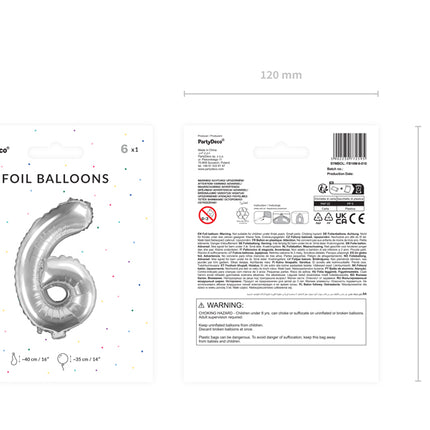 Folinis balionas "6", 35 cm, sidabrinis