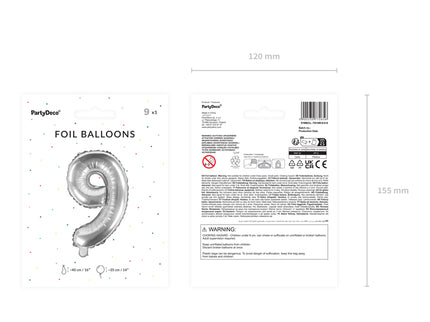 Folinis balionas "9", 35 cm, sidabrinis