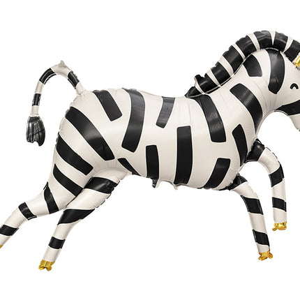 Folinis balionas „Zebras“. Baltai juodais dryžiais. Pripūsto dydis – apie 100 × 82 cm, nepripūsto – apie 115 × 85 cm. Galima pildyti oru arba heliu.