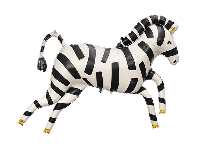 Folinis balionas „Zebras“. Baltai juodais dryžiais. Pripūsto dydis – apie 100 × 82 cm, nepripūsto – apie 115 × 85 cm. Galima pildyti oru arba heliu.