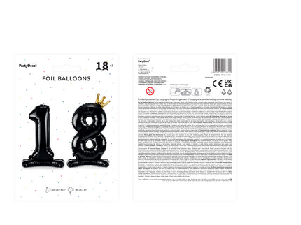 Stovintis juodos spalvos Folinis balionas Nr. "18" su aukso spalvos karūna, dydis prieš pripučiant apie 103 cm (40,5''), pripūtus - 84 cm (33''). Pripūsti oru.