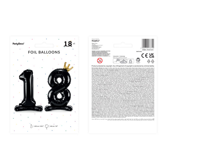 Stovintis juodos spalvos Folinis balionas Nr. "18" su aukso spalvos karūna, dydis prieš pripučiant apie 103 cm (40,5''), pripūtus - 84 cm (33''). Pripūsti oru.