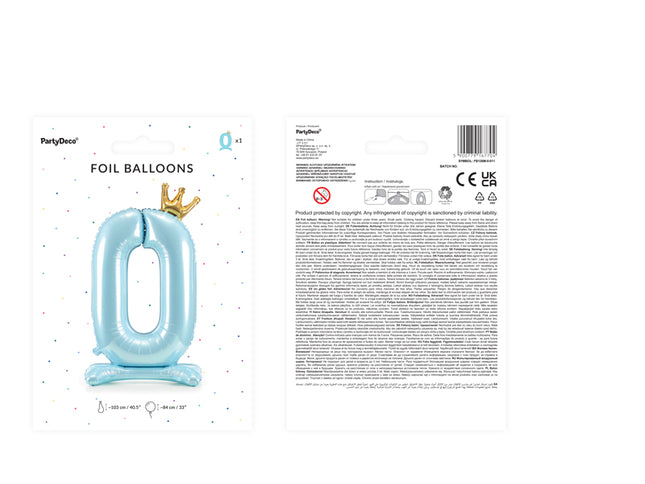 Stovintis metalinės Folinis balionas Nr. "0", dangaus mėlynumo spalvos, su aukso spalvos karūna, dydis prieš pripučiant apie 03 cm (40,5''), pripūtus 84 cm (33''). Pripūsti oru.