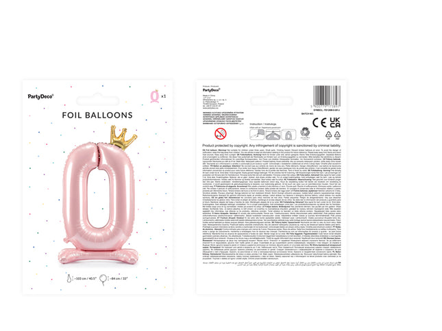 Stovintis metalinės Folinis balionas Nr. "0", šviesiai rožinės spalvos su aukso spalvos karūna, dydis prieš pripučiant apie 103 cm (40,5''), dydis pripūtus 84 cm (33''). Pripūsti oru.