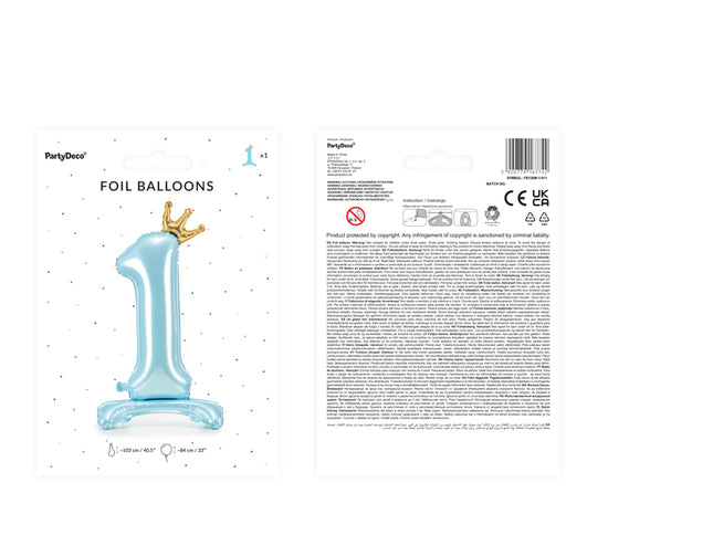Stovintis metalinės Folinis balionas Nr. "1", dangaus mėlynumo spalvos, su aukso spalvos karūna, dydis prieš pripučiant apie 103 cm (40.''), dydis pripūtus 84 cm (33''). Pripūsti oru.
