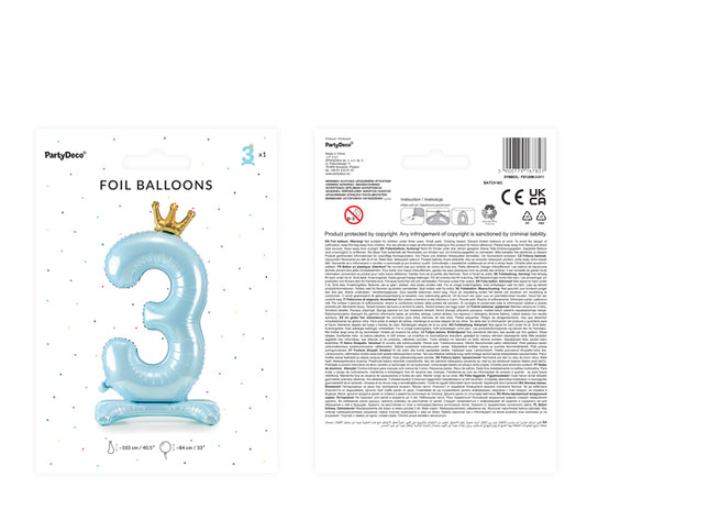 Stovintis metalinės Folinis balionas Nr. "3", dangaus mėlynumo spalvos, su aukso spalvos karūna, dydis prieš pripučiant apie 103 cm (40,5''), pripūtus 84 cm (33''). Pripūsti oru.