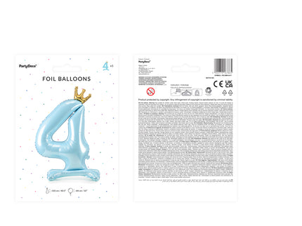 Stovintis metalinės Folinis balionas Nr. "4", dangaus mėlynumo spalvos, su aukso spalvos karūna, dydis prieš pripučiant apie 103 cm (40,5''), pripūtus - 84 cm (33''). Pripūsti oru.