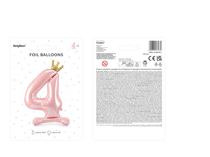 Stovintis metalinės Folinis balionas Nr. "4", šviesiai rožinės spalvos su aukso spalvos karūna, dydis prieš pripučiant apie 103 cm (40,5''), dydis pripūtus 84 cm (33''). Pripūsti oru.