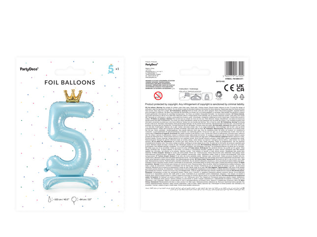 Stovintis metalinės Folinis balionas Nr. "5", dangaus mėlynumo spalvos, su aukso spalvos karūna, dydis prieš pripučiant apie 103 cm (40,5''), pripūtus 84 cm (33''). Pripūsti oru.
