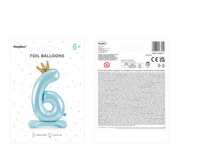 Stovintis metalinės Folinis balionas Nr. "6", dangaus mėlynumo spalvos, su aukso spalvos karūna, dydis prieš pripučiant apie 103 cm (40,5''), pripūtus 84 cm (33''). Pripūsti oru.