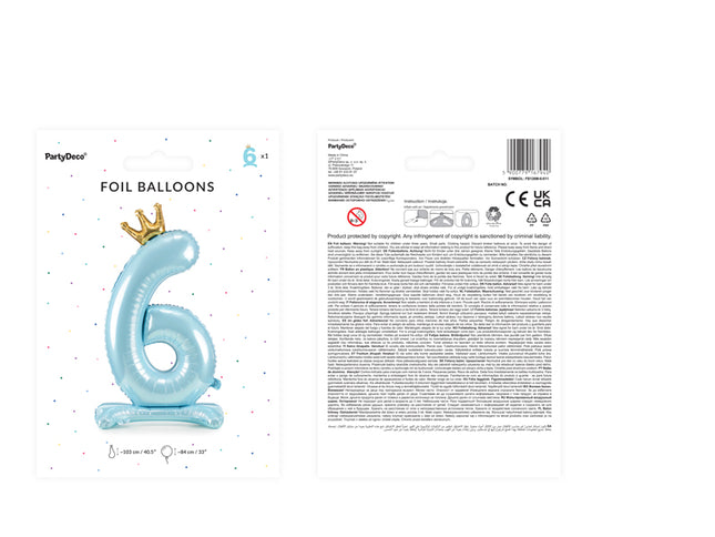Stovintis metalinės Folinis balionas Nr. "6", dangaus mėlynumo spalvos, su aukso spalvos karūna, dydis prieš pripučiant apie 103 cm (40,5''), pripūtus 84 cm (33''). Pripūsti oru.