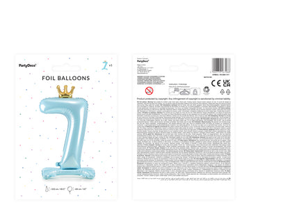 Stovintis metalinės Folinis balionas Nr. "7", dangaus mėlynumo spalvos, su aukso spalvos karūna, dydis prieš pripučiant apie 103 cm (40,5''), dydis pripūtus 84 cm (33''). Pripūsti oru.