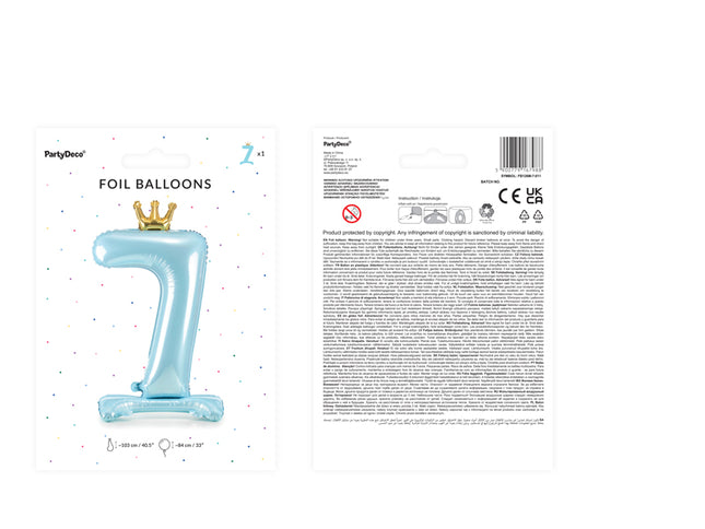 Stovintis metalinės Folinis balionas Nr. "7", dangaus mėlynumo spalvos, su aukso spalvos karūna, dydis prieš pripučiant apie 103 cm (40,5''), dydis pripūtus 84 cm (33''). Pripūsti oru.