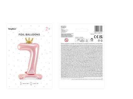 Stovintis metalinės Folinis balionas Nr. "7", šviesiai rožinės spalvos, su aukso spalvos karūna, dydis prieš pripučiant apie 103 cm (40,5''), pripūtus 84 cm (33''). Pripūsti oru.