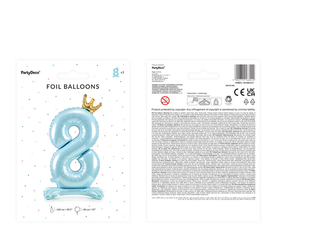Stovintis metalinės Folinis balionas Nr. "8", dangaus mėlynumo spalvos, su aukso spalvos karūna, dydis prieš pripučiant apie 103 cm (40,5''), pripūtus - 84 cm (33''). Pripūsti oru.