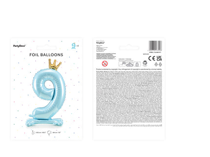 Stovintis metalinės Folinis balionas Nr. "9" dangaus mėlynumo spalvos su aukso spalvos karūna, dydis prieš pripučiant apie 103 cm (40,5''), pripučiant - 84 cm (33''). Pripūsti oru.