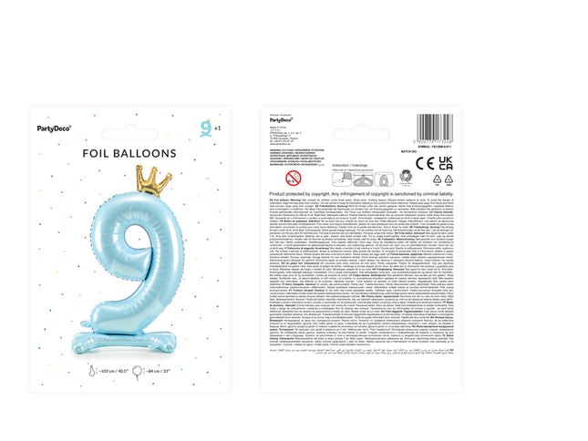 Stovintis metalinės Folinis balionas Nr. "9" dangaus mėlynumo spalvos su aukso spalvos karūna, dydis prieš pripučiant apie 103 cm (40,5''), pripučiant - 84 cm (33''). Pripūsti oru.