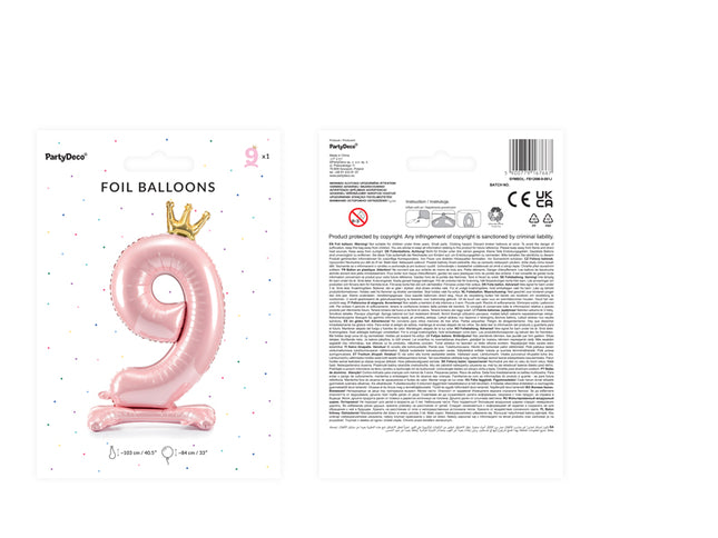 Stovintis metalinės Folinis balionas Nr. "9", šviesiai rožinės spalvos, su aukso spalvos karūna, dydis prieš pripučiant apie 103 cm (40,5''), pripūtus 84 cm (33''). Pripūsti oru.