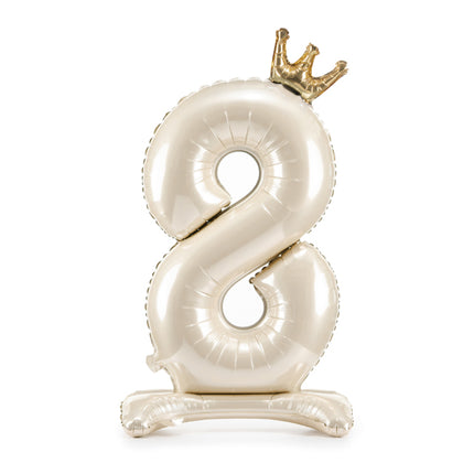 Pastatomas folinis skaičiaus balionas „8“, šviesiai kreminis. Satininis paviršius, dekoruotas auksine karūna. Dydis nepripūtus – apie 103 cm, pripūtus 84 cm. Skirtas pildyti oru. Komplekte pridedamas šiaudelis. Gimtadienio atributika.