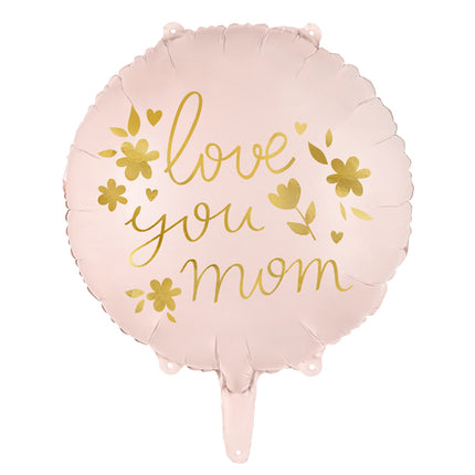 Rausvos spalvos apvalus Folinis balionas su aukso spalvos užrašu ''Love you mom'', dydis: aukštis prieš pripučiant apie 45 cm (18''), aukštis pripučiant apie 35 cm (14''). Pripučiama oru ir heliu.