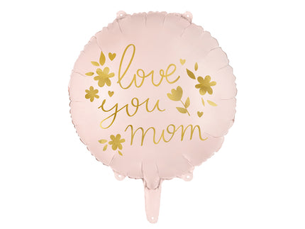 Rausvos spalvos apvalus Folinis balionas su aukso spalvos užrašu ''Love you mom'', dydis: aukštis prieš pripučiant apie 45 cm (18''), aukštis pripučiant apie 35 cm (14''). Pripučiama oru ir heliu.