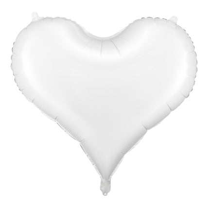 Folinis balionas, širdies formos, baltas. nepripūtus: 75 × 64,5 cm, po – 61 × 53 cm. Tinka pildyti oru arba heliu. Komplekte pridedamas šiaudelis.
