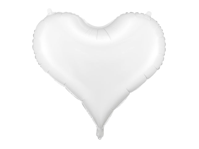 Folinis balionas, širdies formos, baltas. nepripūtus: 75 × 64,5 cm, po – 61 × 53 cm. Tinka pildyti oru arba heliu. Komplekte pridedamas šiaudelis.