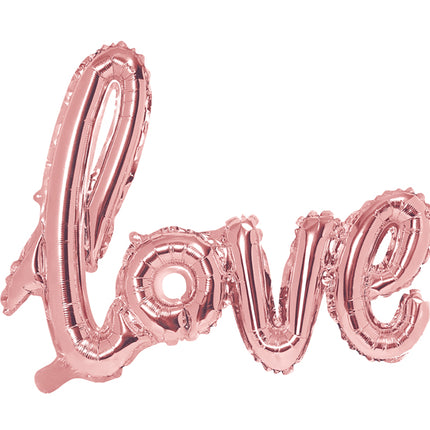 Folinis balionas „Love“, rožinio aukso. Metalizuotas. Dydis – apie 73 × 59 cm. Puikiai tiks žmogui kurį myli.