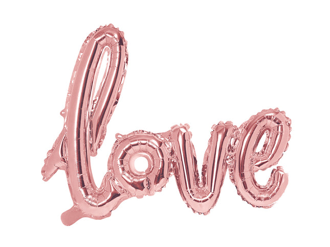 Folinis balionas „Love“, rožinio aukso. Metalizuotas. Dydis – apie 73 × 59 cm. Puikiai tiks žmogui kurį myli.