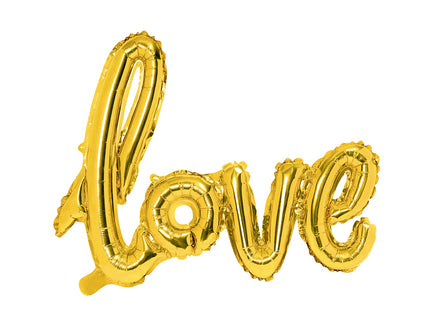 Folinis balionas „Love“, auksinis. Metalizuotas. Dydis – apie 73 × 59 cm. Puikiai tiks žmogui kurį myli.