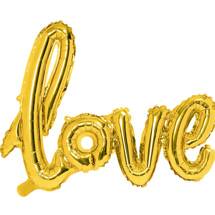 Folinis balionas „Love“, auksinis. Metalizuotas. Dydis – apie 73 × 59 cm. Puikiai tiks žmogui kurį myli.