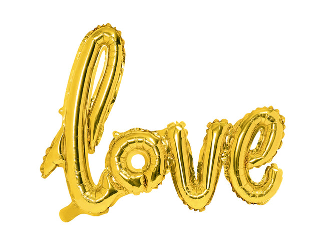 Folinis balionas „Love“, auksinis. Metalizuotas. Dydis – apie 73 × 59 cm. Puikiai tiks žmogui kurį myli.