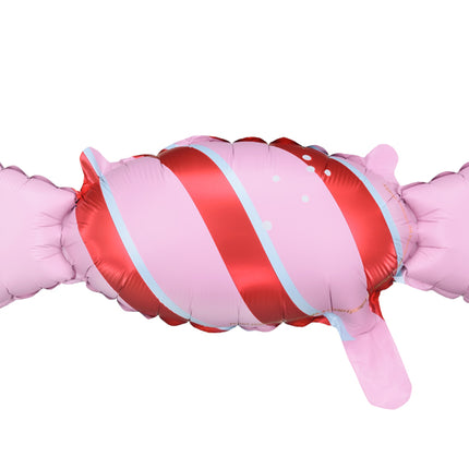 Foliniai balionai girliandai „Saldainis“. Spalvoti, Ne pripūsto dydis apie 40 × 16,5 cm, pripūsto dydis – apie 33 × 12 cm. Pildomi oru. Komplekte pridedamas šiaudelis, pakuotėje yra 5 vnt.