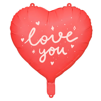 Folinis balionas „Love you“, širdelės formos, įvairių spalvų. Dydis nepripūtus – apie 45 cm, pripūtus 35 cm. Galima pildyti oru arba heliu. Komplekte pridedamas šiaudelis. Puikiai tiks žmogui kurį myli.