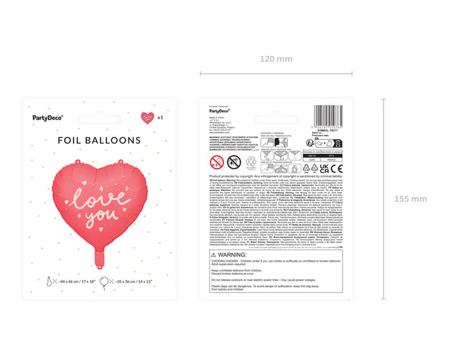 Folinis balionas „Love you“, širdutės formos, 45 cm