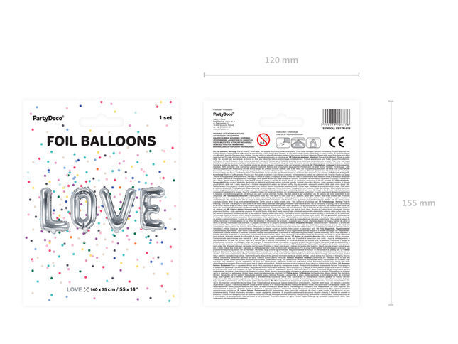 Folinis balionas „Love“, 140 x 35 cm, sidabrinis
