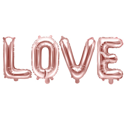 Folinis balionas „Love“, rožinio aukso. Metalizuotas. Dydis – apie 140 × 35 cm. Puikiai tiks žmogui kurį myli.