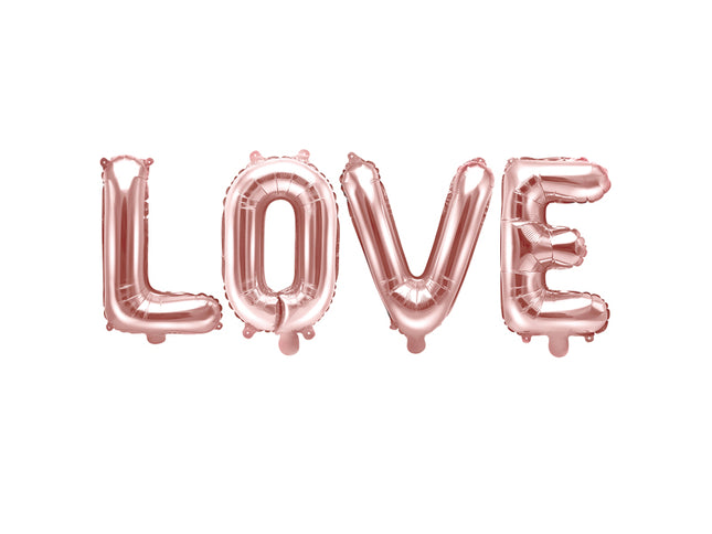 Folinis balionas „Love“, rožinio aukso. Metalizuotas. Dydis – apie 140 × 35 cm. Puikiai tiks žmogui kurį myli.