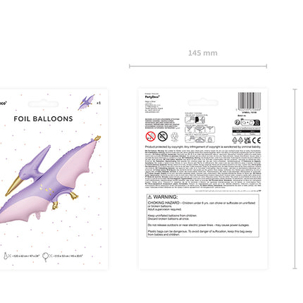 Folinis balionas tema "Dinozaurai" - "Pterodaktilis", įvairių spalvų, dydis prieš pripučiant apie 120 x 62 cm (47 x 24''), dydis pripučiant apie 115 x 53 cm (45 x 20,5''). Pripučiama oru ir heliu. Rinkinyje yra šiaudelis.
