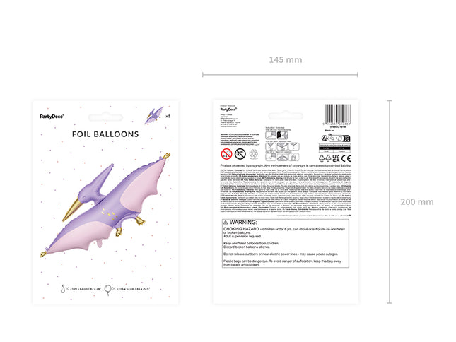 Folinis balionas tema "Dinozaurai" - "Pterodaktilis", įvairių spalvų, dydis prieš pripučiant apie 120 x 62 cm (47 x 24''), dydis pripučiant apie 115 x 53 cm (45 x 20,5''). Pripučiama oru ir heliu. Rinkinyje yra šiaudelis.