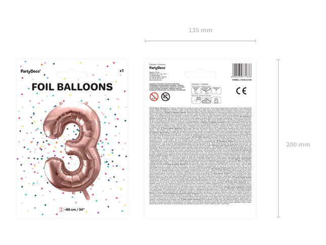 Folinis balionas "3", 86 cm, rožinio aukso spalvos