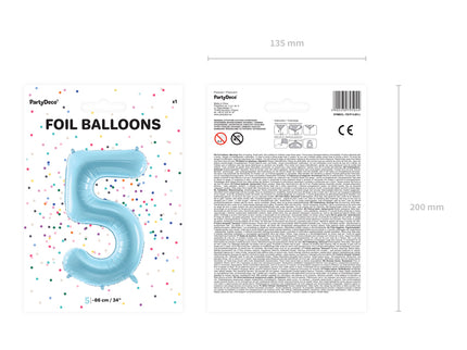 Folinis balionas "5", 86 cm, šviesiai mėlynos spalvos
