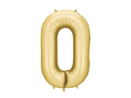 Folinis skaičiaus balionas „0“, auksinis. Satininis paviršius. Dydis nepripūtus – apie 100 cm, pripūtus 86 cm. Tinka pildyti oru arba heliu. Komplekte pridedamas šiaudelis. Balionas savaime užsisandarinantis, su kabliukais dekoravimui. Smagus gimtadienių akcentas.