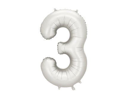Folinis skaičiaus balionas „3“, sidabrinis. Satininis paviršius. Dydis nepripūtus – apie 100 cm, pripūtus 86 cm. Tinka pildyti oru arba heliu. Komplekte pridedamas šiaudelis. Balionas savaime užsisandarinantis, su kabliukais pakabinimui. Smagus gimtadienių akcentas.
