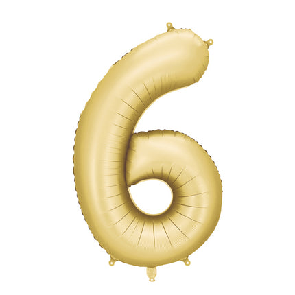 Folinis skaičiaus balionas „6“, auksinis. Satininis paviršius. Dydis nepripūtus – apie 100 cm, pripūtus 86 cm. Tinka pildyti oru arba heliu. Komplekte pridedamas šiaudelis. Balionas savaime užsisandarinantis, su kabliukais dekoravimui. Smagus gimtadienių akcentas.