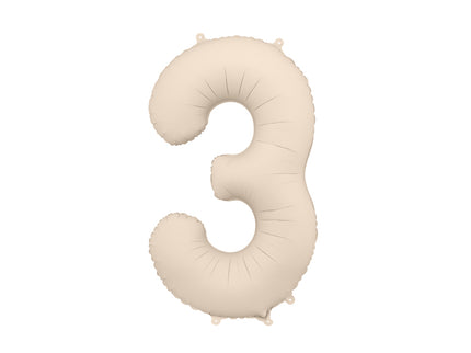 Folinis skaičiaus balionas „3“, šiltai pilkas. Matinis. Dydis nepripūtus - apie 100 cm, pripūtus 86 cm. Tinka pildyti oru arba heliu. Komplekte pridedamas šiaudelis. Balionas užsisandarinantis. Turi kabliukus tvirtinimui. Puikiai atrodo per gimtadienių šventes.