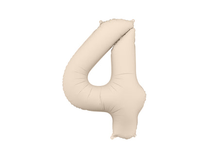 Folinis skaičiaus balionas „4“, šiltai pilkas. Matinis. Dydis nepripūtus - apie 100 cm, pripūtus 86 cm. Tinka pildyti oru arba heliu. Komplekte pridedamas šiaudelis. Balionas užsisandarinantis. Turi kabliukus tvirtinimui. Puikiai atrodo per gimtadienių šventes.