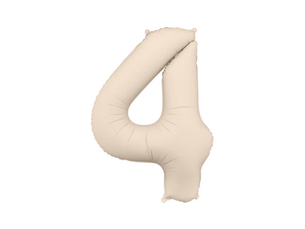 Folinis skaičiaus balionas „4“, šiltai pilkas. Matinis. Dydis nepripūtus - apie 100 cm, pripūtus 86 cm. Tinka pildyti oru arba heliu. Komplekte pridedamas šiaudelis. Balionas užsisandarinantis. Turi kabliukus tvirtinimui. Puikiai atrodo per gimtadienių šventes.