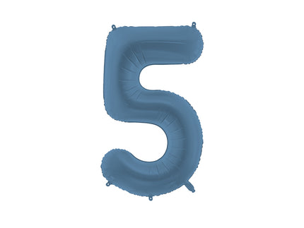 Folinis skaičiaus balionas „5“, tamsiai mėlynas. Matinis. Dydis nepripūtus - apie 100 cm, pripūtus 86 cm. Tinka pildyti oru arba heliu. Komplekte pridedamas šiaudelis. Balionas užsisandarinantis. Turi kabliukus tvirtinimui. Puikiai atrodo per gimtadienių šventes.