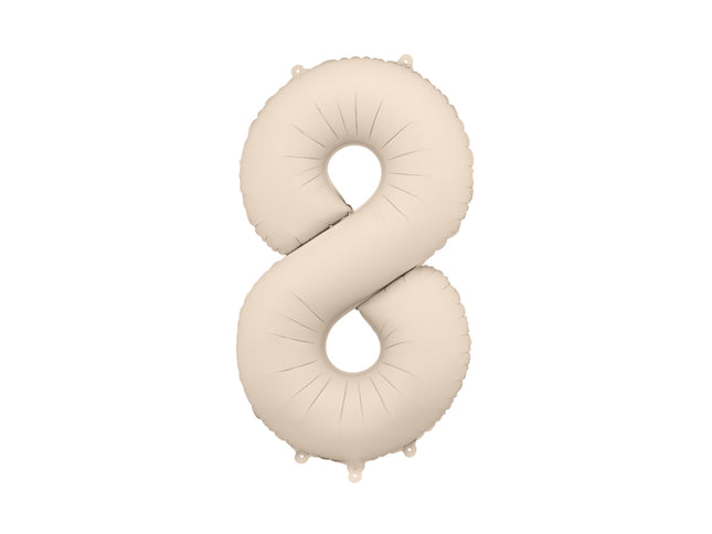 Folinis skaičiaus balionas „8“, šiltai pilkas. Matinis. Dydis nepripūtus - apie 100 cm, pripūtus 86 cm. Tinka pildyti oru arba heliu. Komplekte pridedamas šiaudelis. Balionas užsisandarinantis. Turi kabliukus tvirtinimui. Puikiai atrodo per gimtadienių šventes.